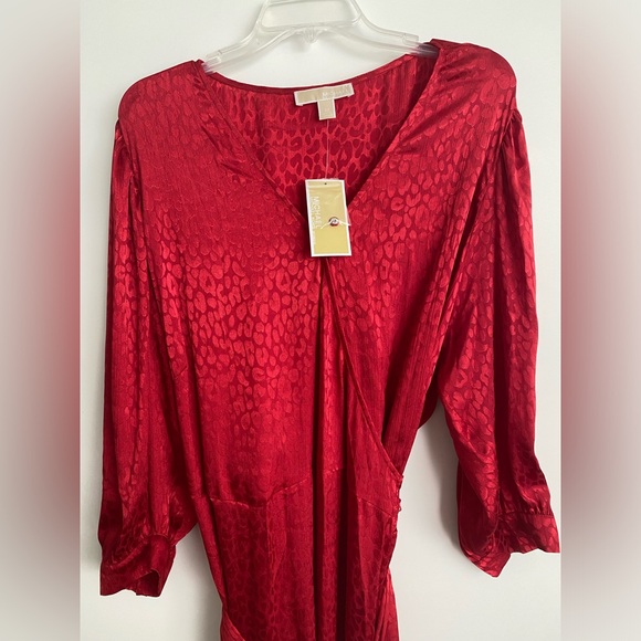 Michael Kors Red Cheetah Jacquard Midi Wrap Dress with 3/4 Sleeves NWT size 3X - Picture 5 of 13